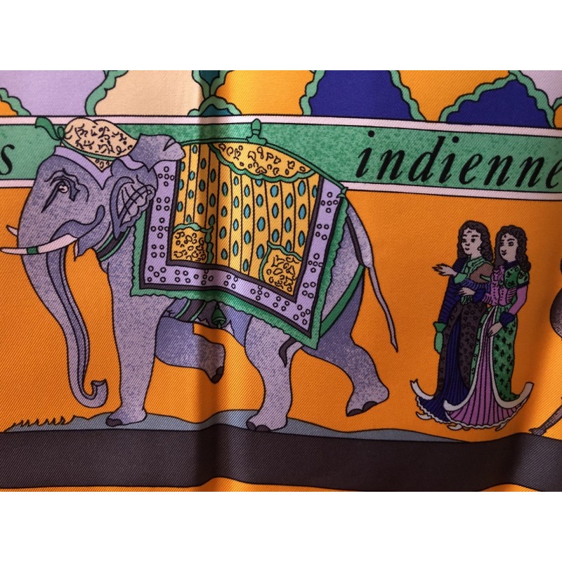 Carré/Foulard Vintage Indien 98x105cm - Coton Bleu/Beige, Franges, Main Roulotté