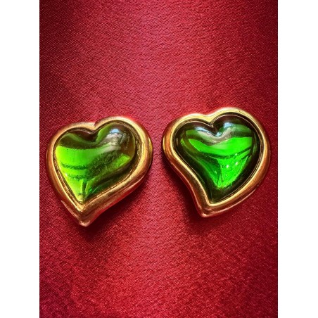 Boucles d'oreilles Yves Saint Laurent rive-gauche "coeurs résine verte"